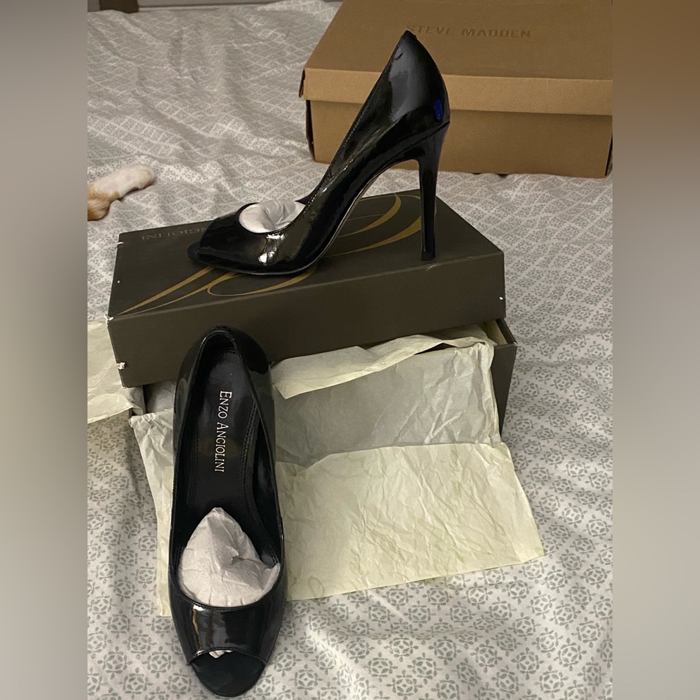 Enzo Angiolini Black Patent Peep-Toe Stiletto Heels